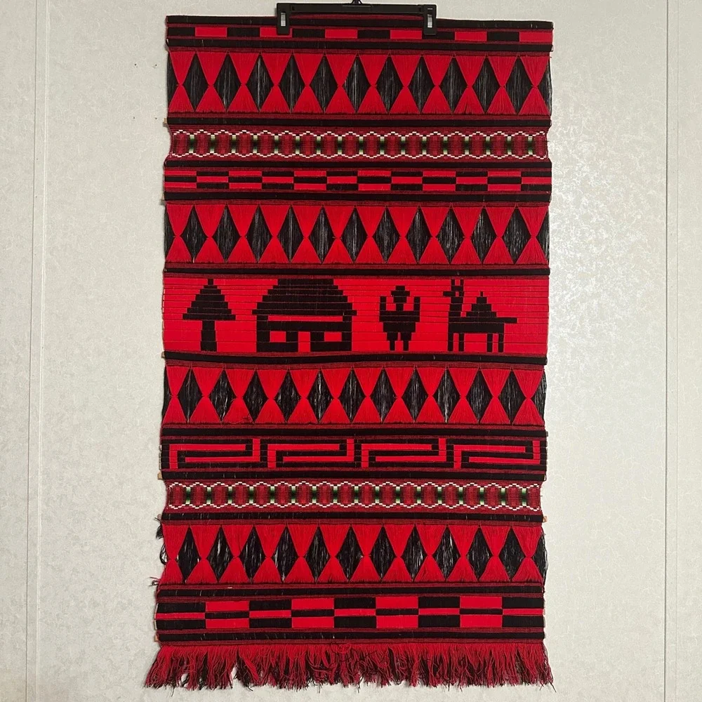 Vintage Hand Woven Peruvian Wall Hanging Motif Red Black Textile Folk Art 49x29